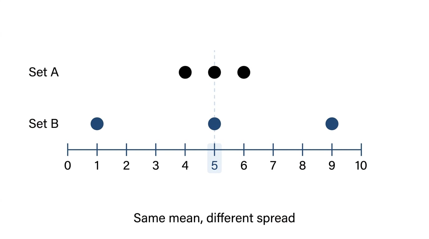Two horizontal dot plots labelled Set A and Set B, both centred on mean 5, with Set A at 4, 5, 6 and Set B at 1, 5, 9 to show different spread