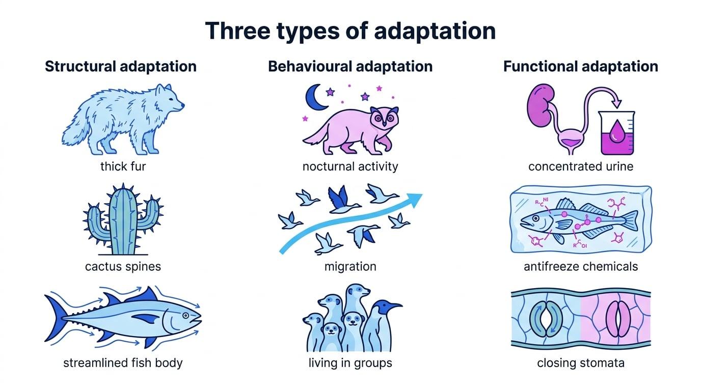 Three-column diagram of structural, behavioural and functional adaptations with examples including thick fur, nocturnal activity and concentrated urine
