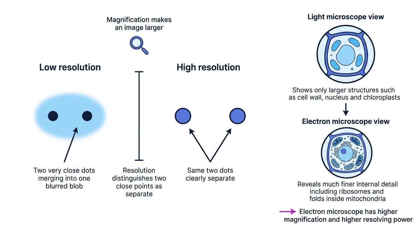 Comparison showing low resolution as one blurred blob, high resolution as two separate dots, and light microscope versus electron microscope views of a cell