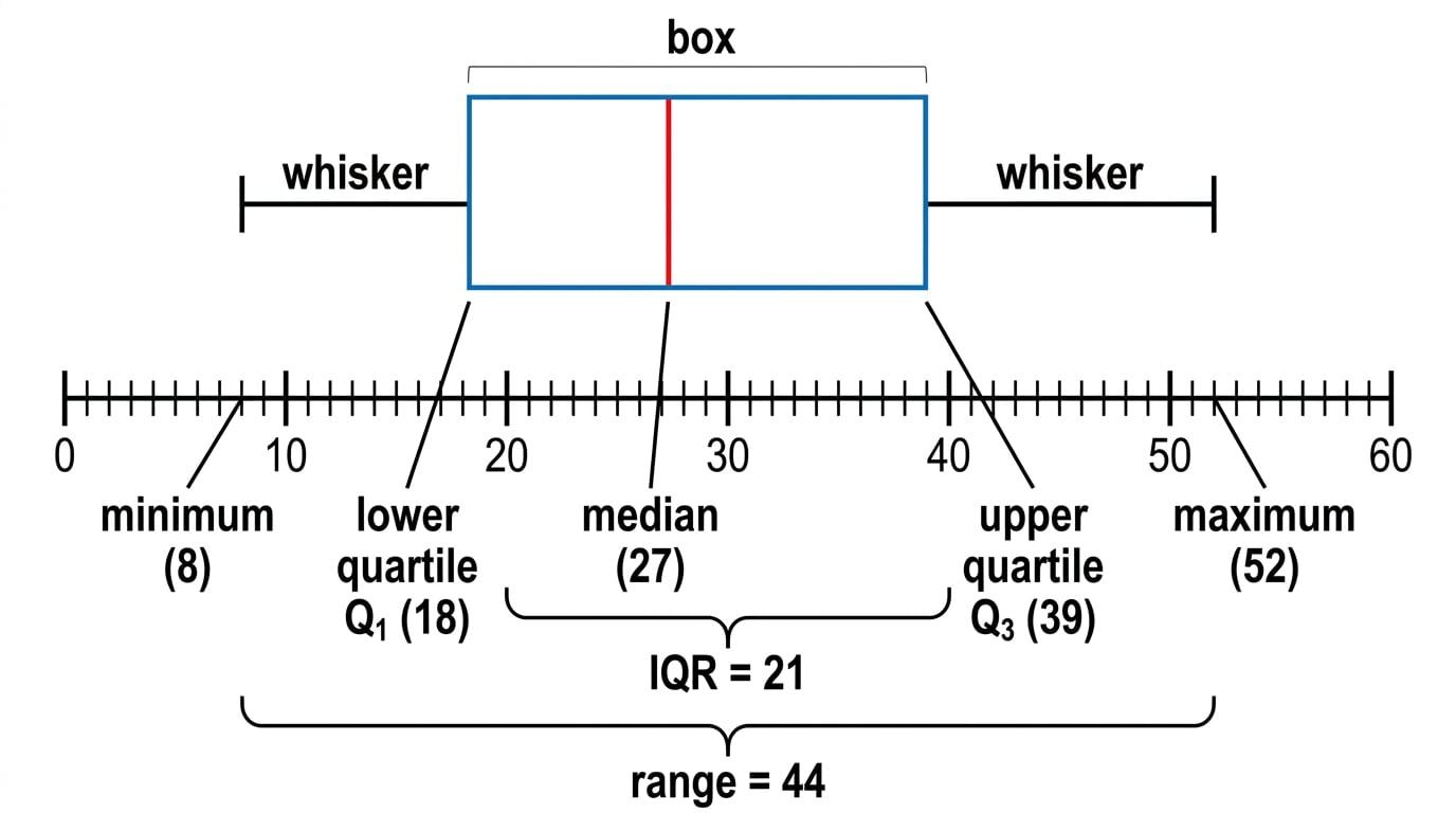 Labeled box plot on a number line with minimum 8, lower quartile 18, median 27, upper quartile 39, maximum 52, and brackets showing range 44 and IQR 21