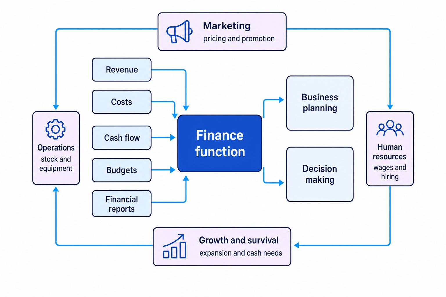 Finance function diagram showing revenue, costs, cash flow, budgets and financial reports feeding into finance, with links to planning, decision making, marketing, operations, human resources and growth