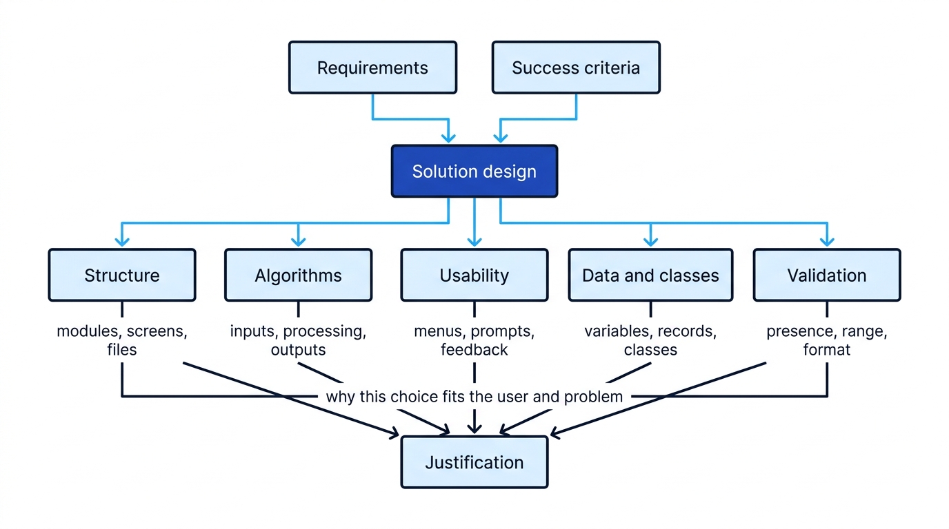 Concept map showing requirements and success criteria feeding into solution design, which branches to structure, algorithms, usability, data and classes, validation and justification