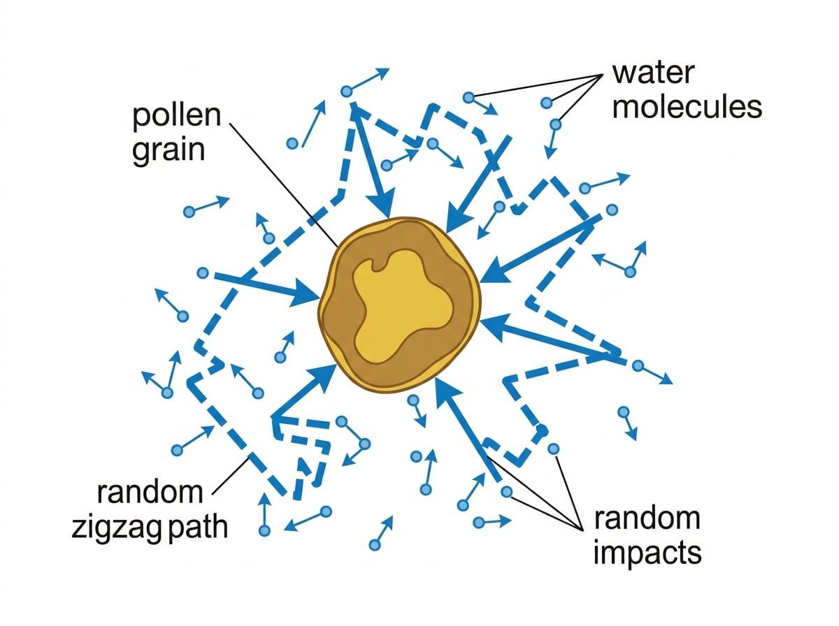 Brownian motion of a pollen grain in water being hit unevenly by many water molecules, with a zigzag path labelled