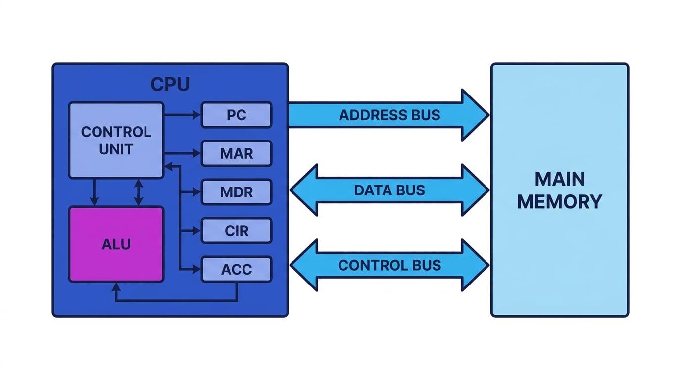 Labelled CPU block diagram with Control Unit, ALU, registers PC MAR MDR CIR ACC, and address, data, and control buses connecting the CPU to main memory