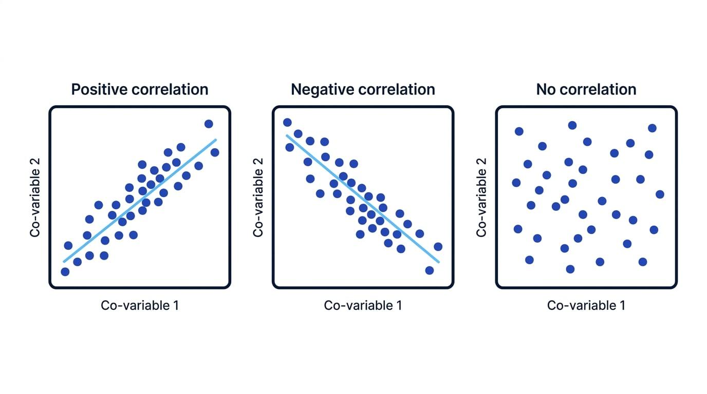 Scattergrams showing positive correlation, negative correlation, and no correlation with labelled co-variable axes