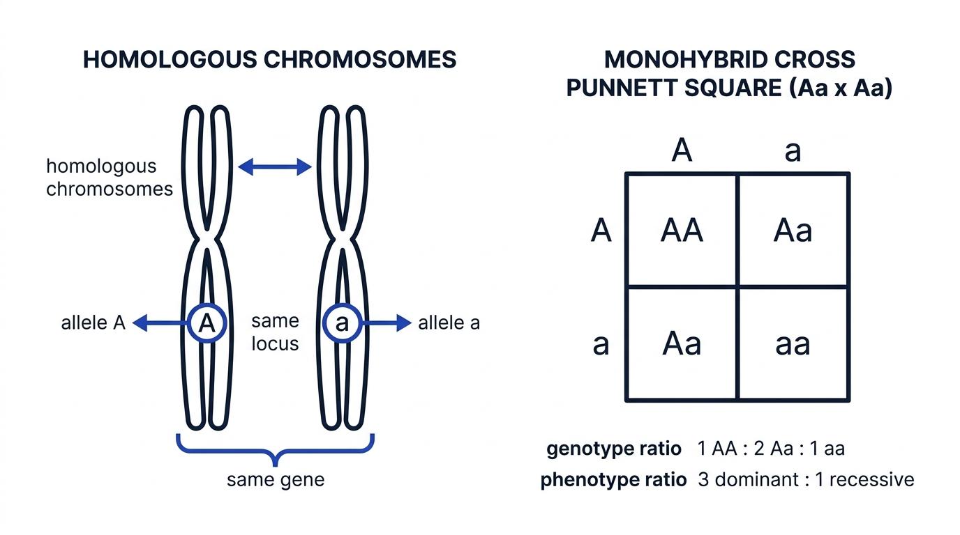 Homologous chromosomes with alleles at the same locus and a Punnett square for Aa by Aa showing 1:2:1 genotype and 3:1 phenotype ratios