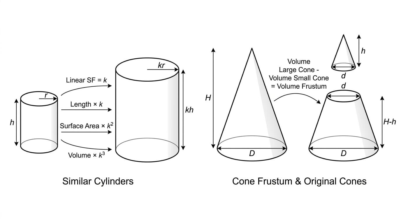 Small and large similar cylinder with matching radius and height labels, arrows showing how length, surface area, and volume scale, and a cone frustum formed by removing a small cone from a larger cone