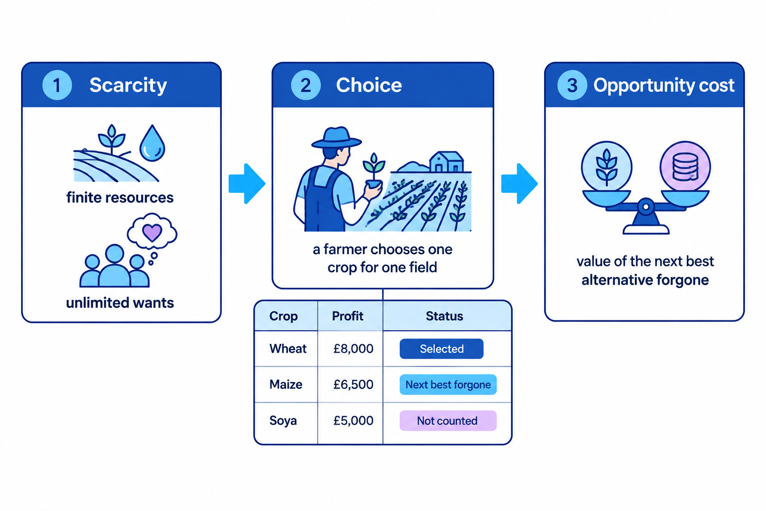 Flow diagram showing scarcity leading to choice and then opportunity cost, with a farmer choosing wheat over maize and soya