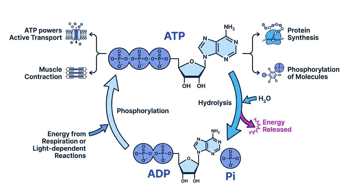 ATP cycle showing hydrolysis of ATP to ADP and inorganic phosphate, regeneration of ATP, and ATP-powered processes such as active transport and protein synthesis
