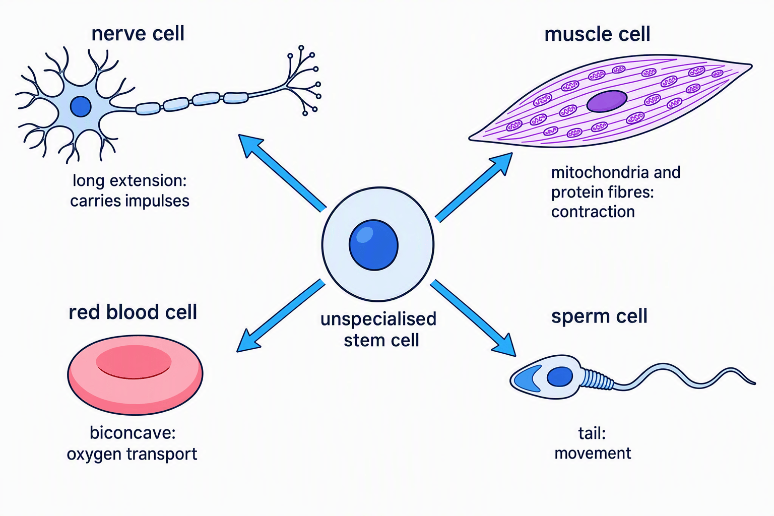 Flowchart showing an unspecialised stem cell differentiating into nerve, muscle, red blood, and sperm cells