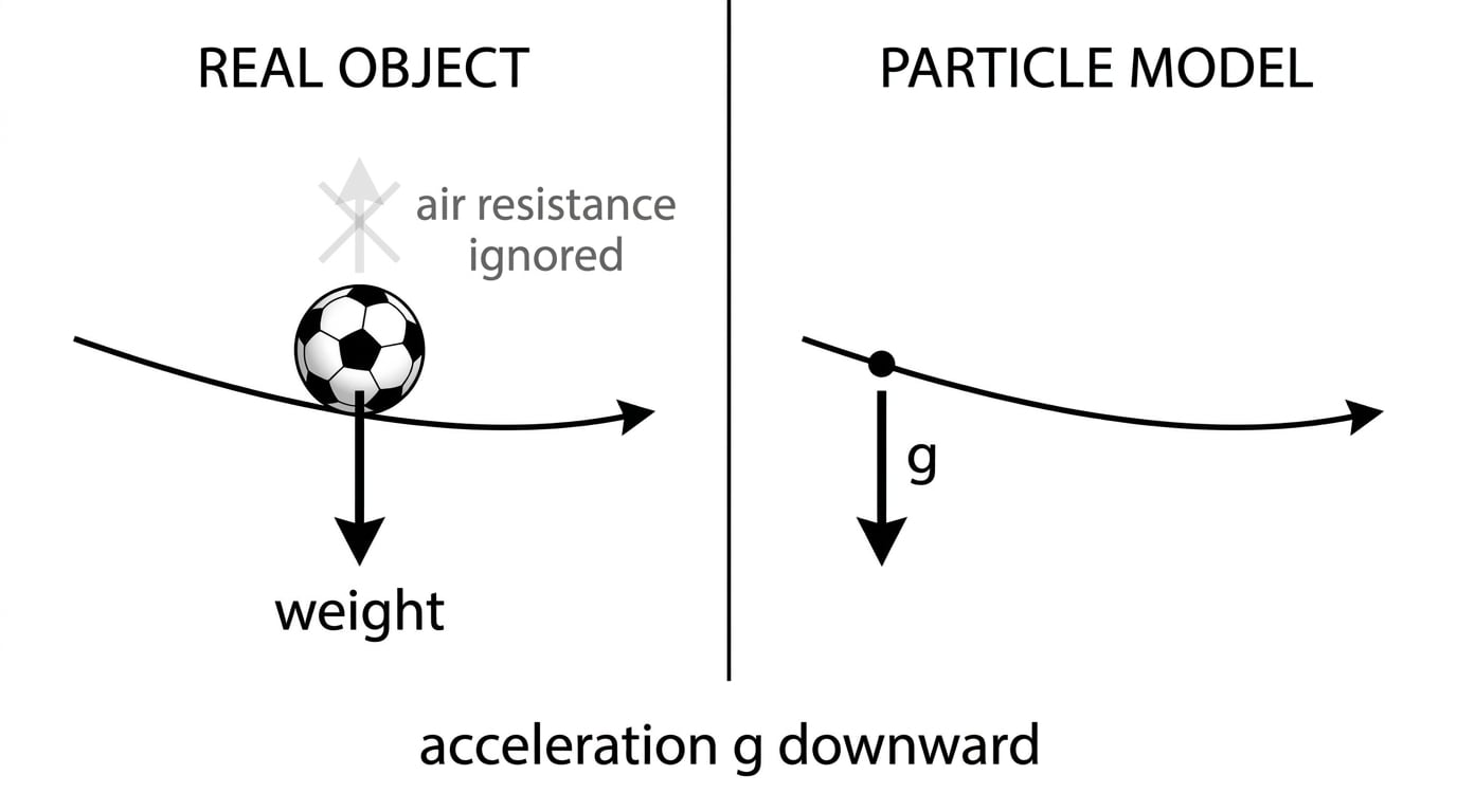 Real ball simplified to a particle with downward acceleration g and air resistance ignored