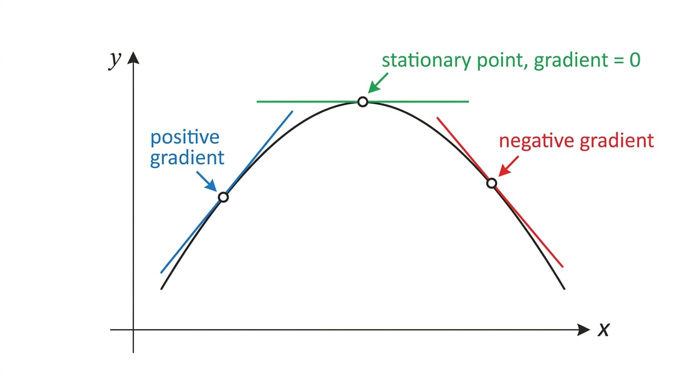 Graph of a curve with an upward tangent labeled positive gradient, a horizontal tangent labeled stationary point, and a downward tangent labeled negative gradient