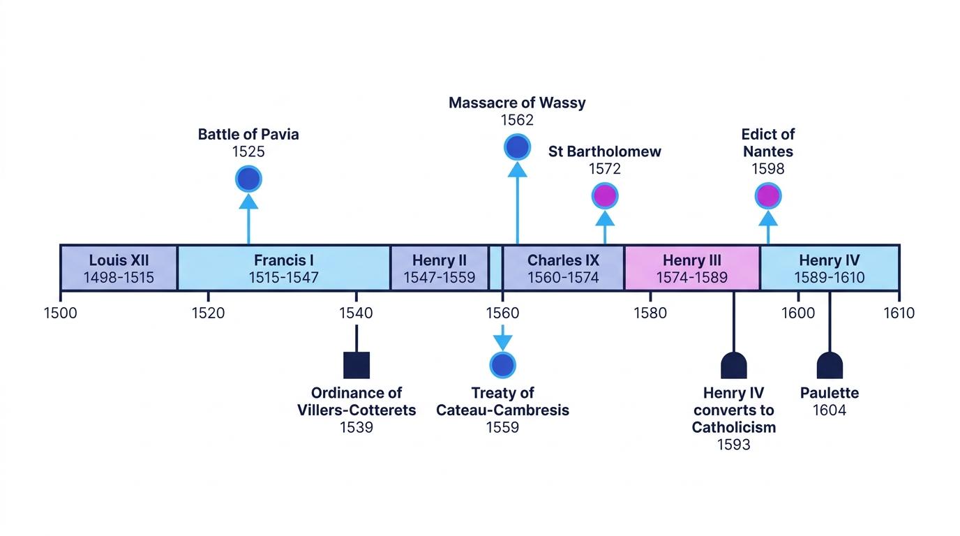 Timeline of French rulers from Louis XII to Henry IV with turning points including Pavia, Villers-Cotterêts, St Bartholomew and the Edict of Nantes