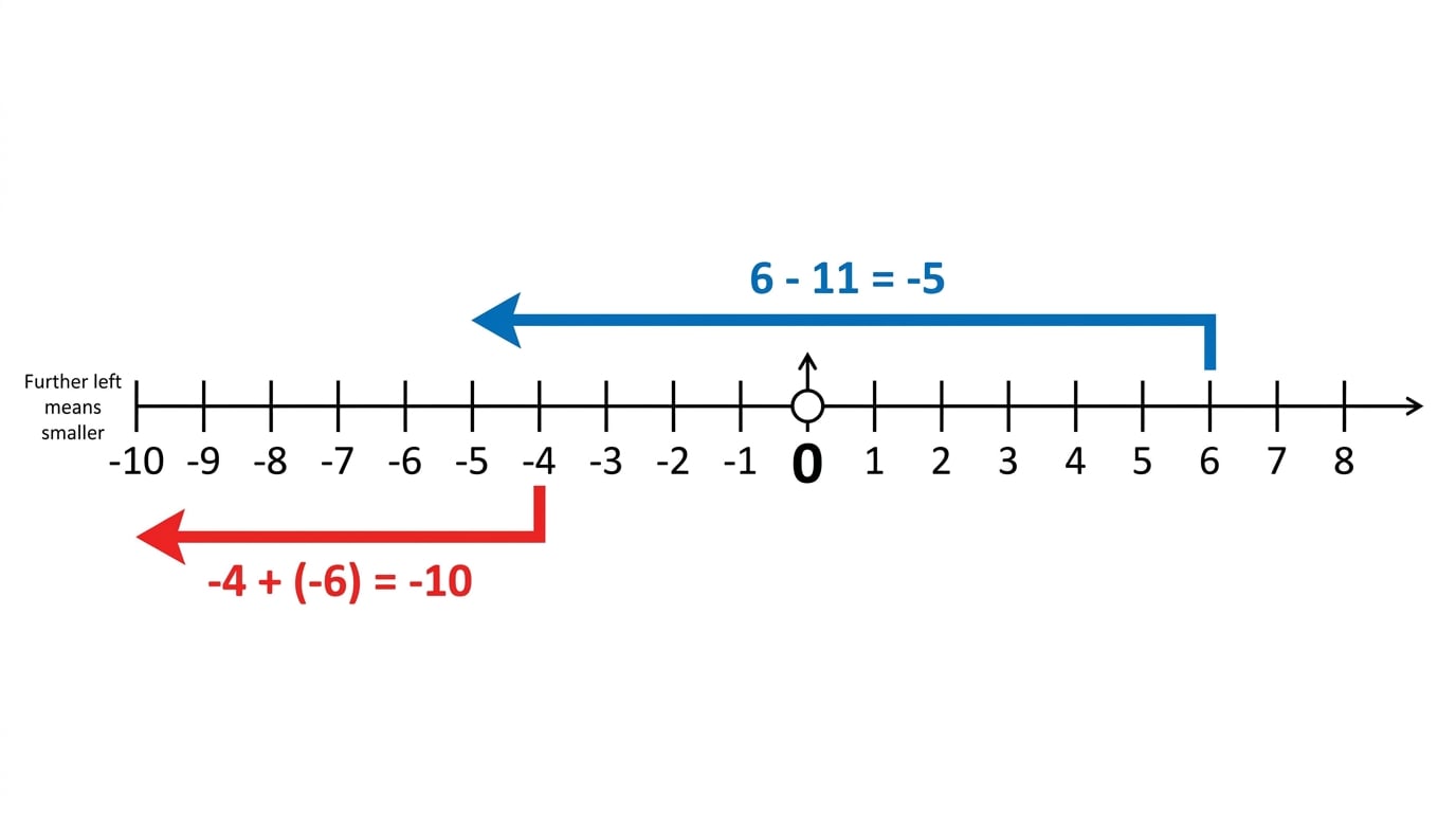 Number line from -10 to 8 with arrows showing 6 minus 11 landing at -5 and -4 plus negative 6 landing at -10, with a note that further left means smaller