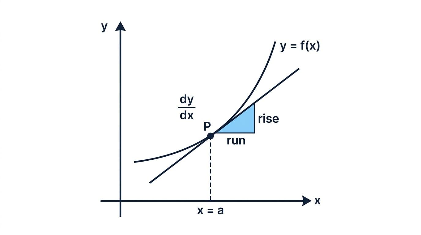 Curve on axes with tangent at point P, a rise-run triangle, and gradient dy/dx marked at x=a