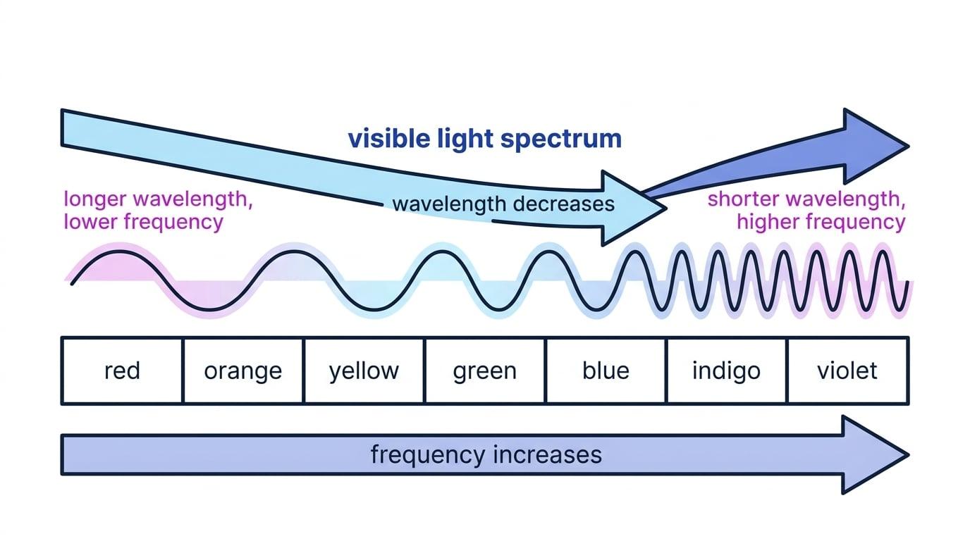 Visible light spectrum labelled red to violet, with red shown as longer wavelength and lower frequency and violet as shorter wavelength and higher frequency
