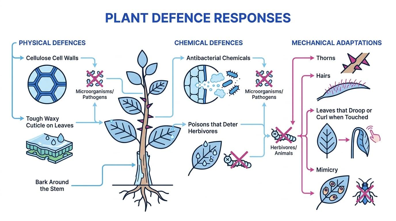 Labelled summary of a plant showing physical defences, chemical defences and mechanical adaptations with examples and the threats they reduce