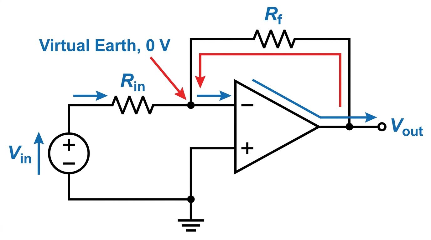 Circuit schematic of an inverting op-amp amplifier with input resistor, feedback resistor, grounded non-inverting input, virtual-earth junction, and output label