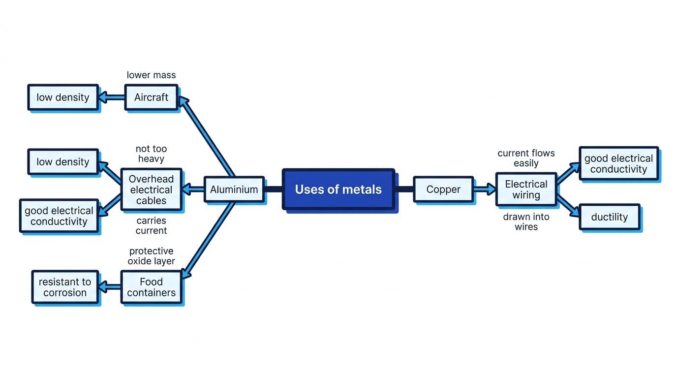 Concept map showing aluminium linked to aircraft, overhead electrical cables and food containers, and copper linked to electrical wiring, with the matching properties labelled