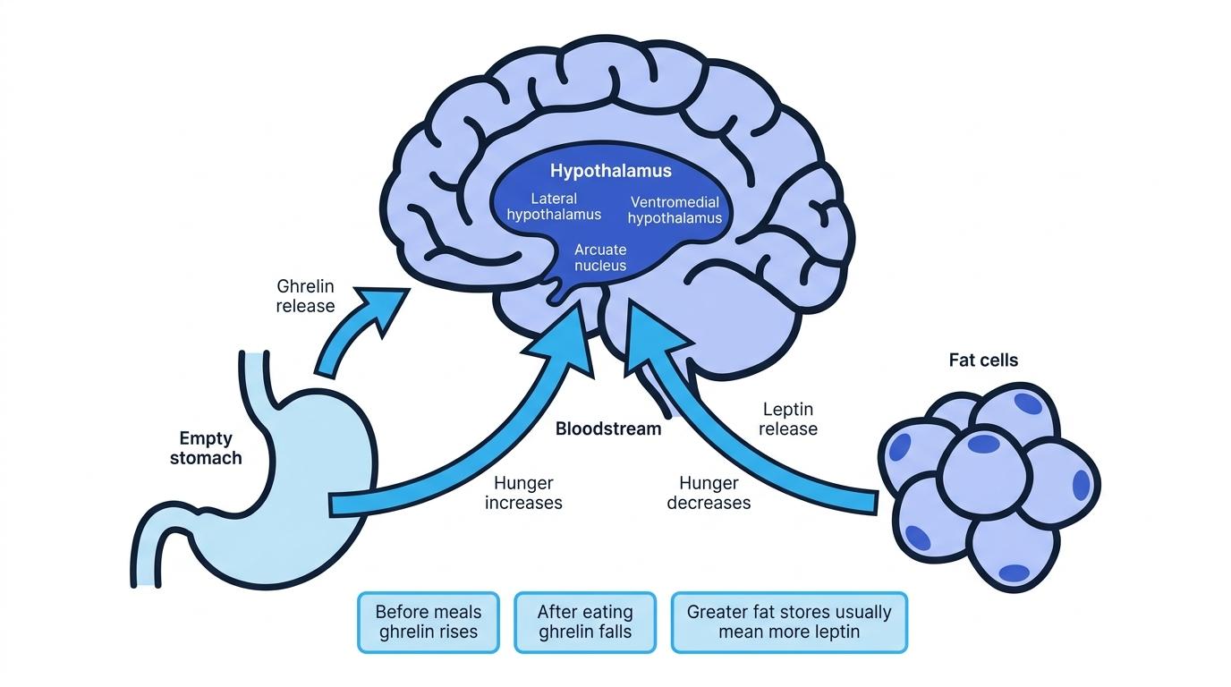 Flowchart showing an empty stomach releasing ghrelin and fat cells releasing leptin to the hypothalamus, with the lateral hypothalamus, ventromedial hypothalamus, and arcuate nucleus labelled