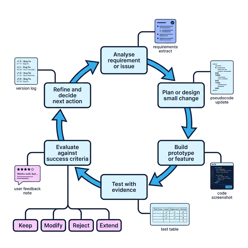 Iterative development cycle showing analyse, design, build, test, evaluate and refine stages with evidence artefacts and decisions keep modify reject or extend