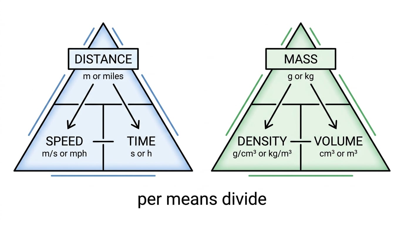 Two formula triangles showing distance-speed-time and mass-density-volume with units