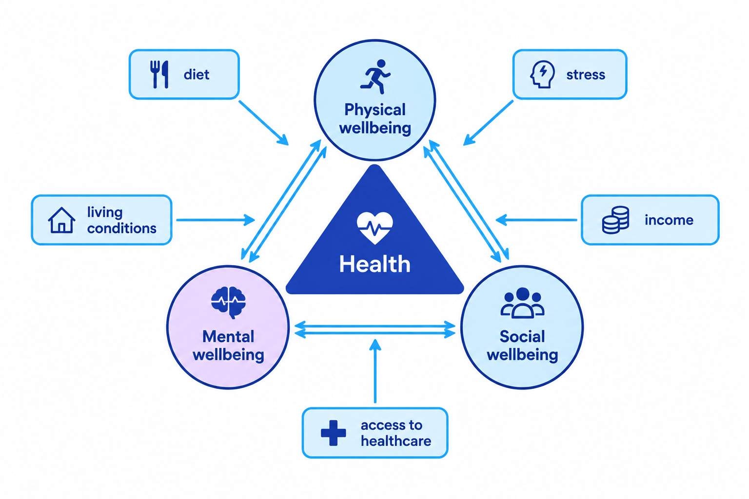 Diagram showing physical, mental, and social wellbeing connected by two-way arrows, with diet, stress, living conditions, income, and access to healthcare influencing health