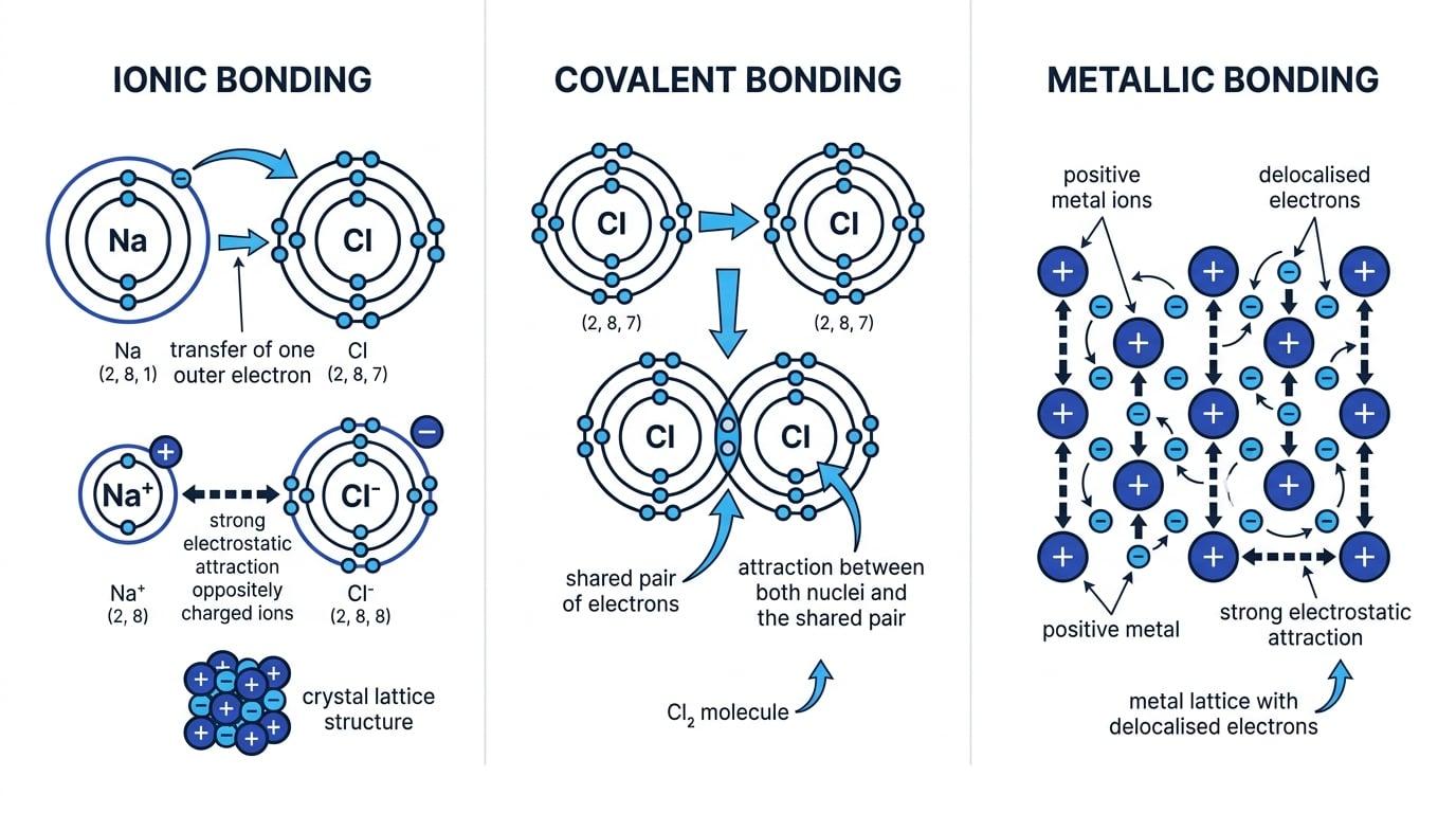 Comparison of ionic bonding in sodium chloride, covalent bonding in chlorine, and metallic bonding in a metal lattice with delocalised electrons labelled