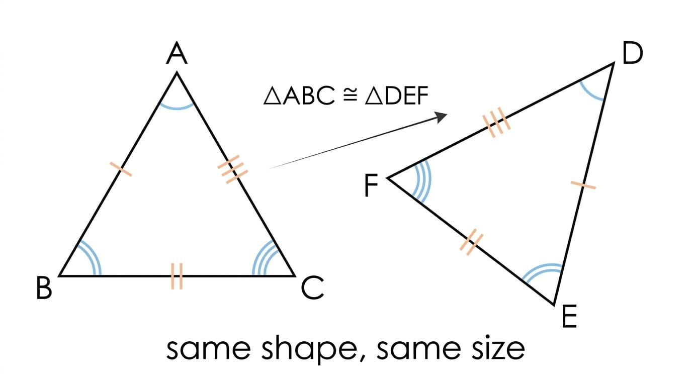 Two congruent triangles with corresponding vertices and matching side and angle marks labelled A, B, C and D, E, F