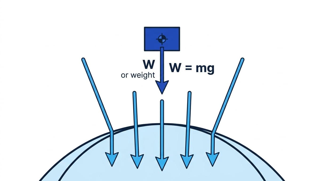 Object above Earth with gravitational field lines and a downward weight arrow through the centre of mass