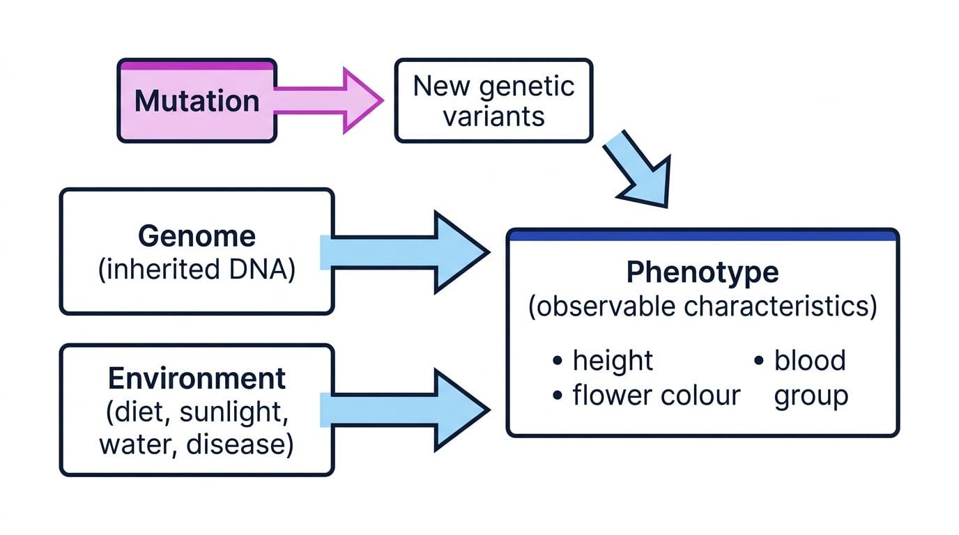 Concept diagram showing genome and environment both affecting phenotype, with mutation producing new genetic variants that can also affect phenotype