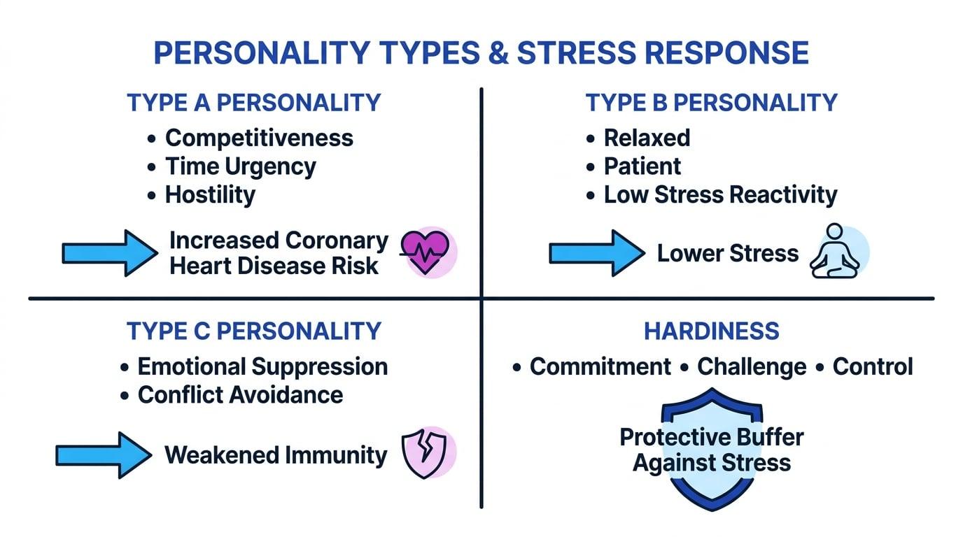 Four-quadrant infographic comparing Type A, B, C, and Hardiness in relation to stress