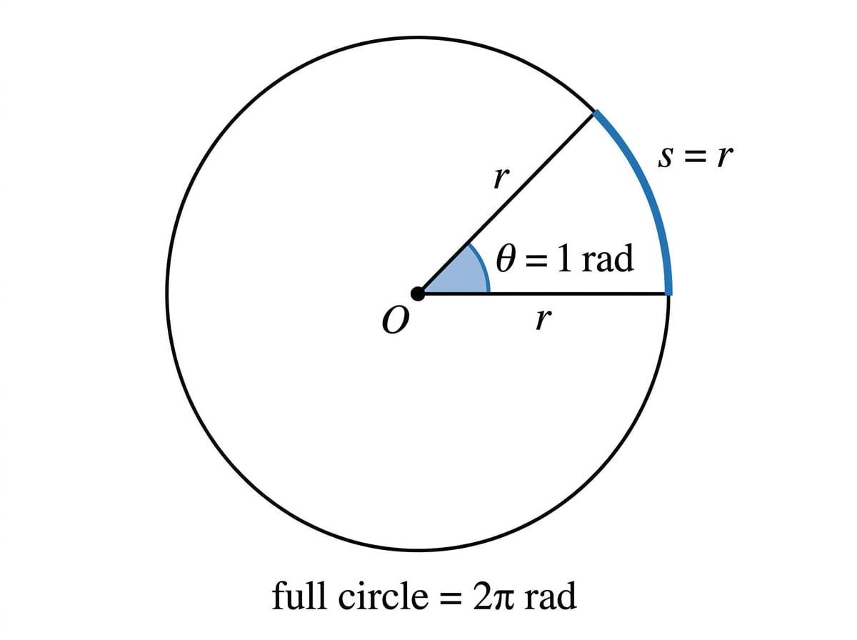 alt="Circle showing a 1 radian angle at the centre, with radius r and arc length s = r labelled"