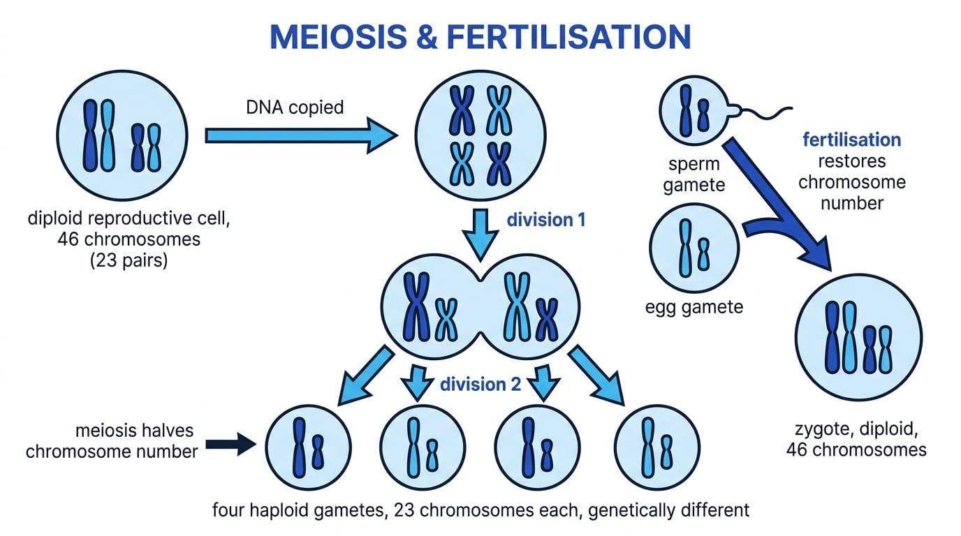 Flow chart showing a diploid reproductive cell, meiosis producing four different haploid gametes, and fertilisation forming a diploid zygote