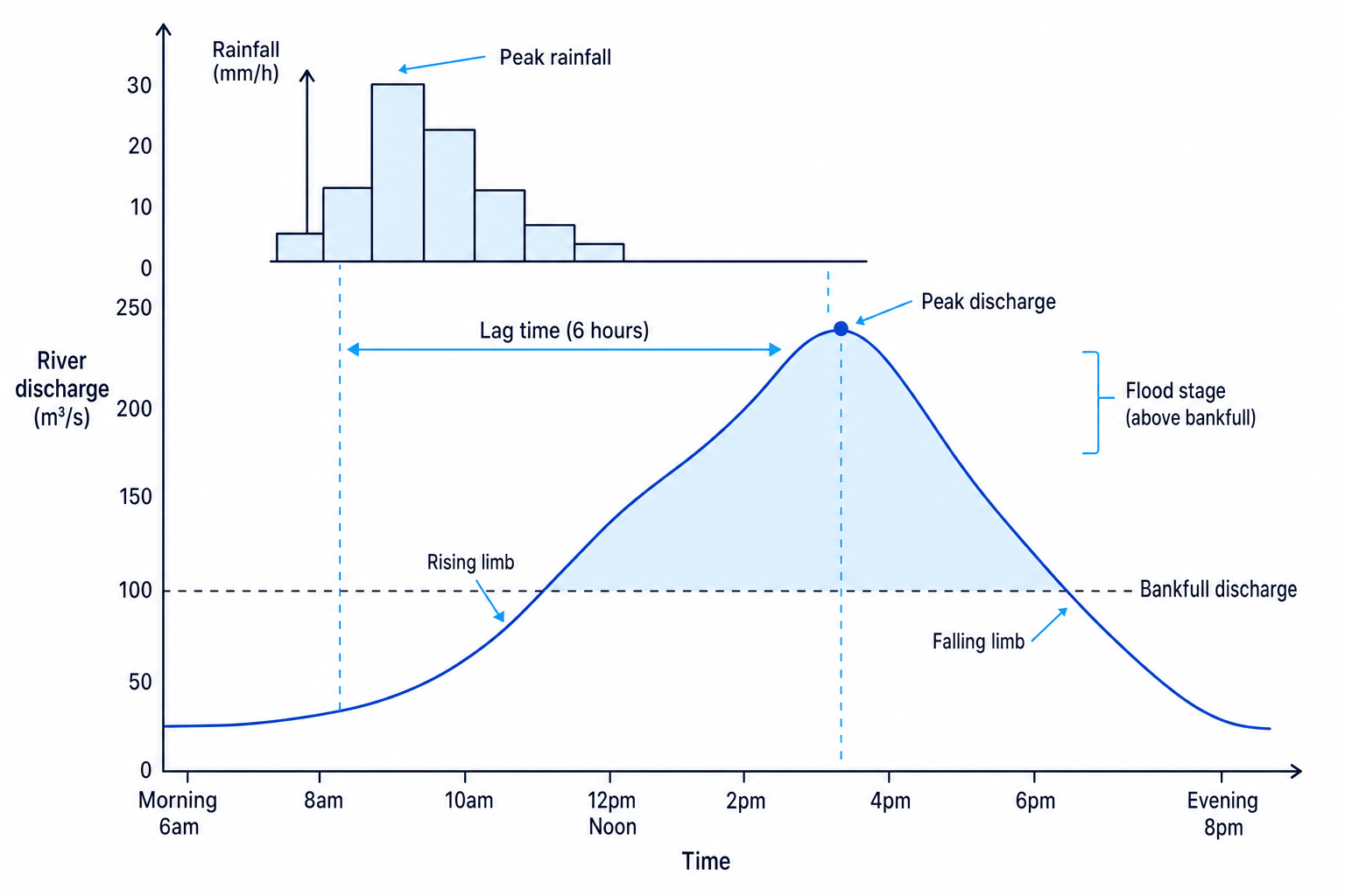 Storm hydrograph showing rainfall bars, river discharge curve, lag time, rising limb, peak discharge, bankfull discharge and flood stage