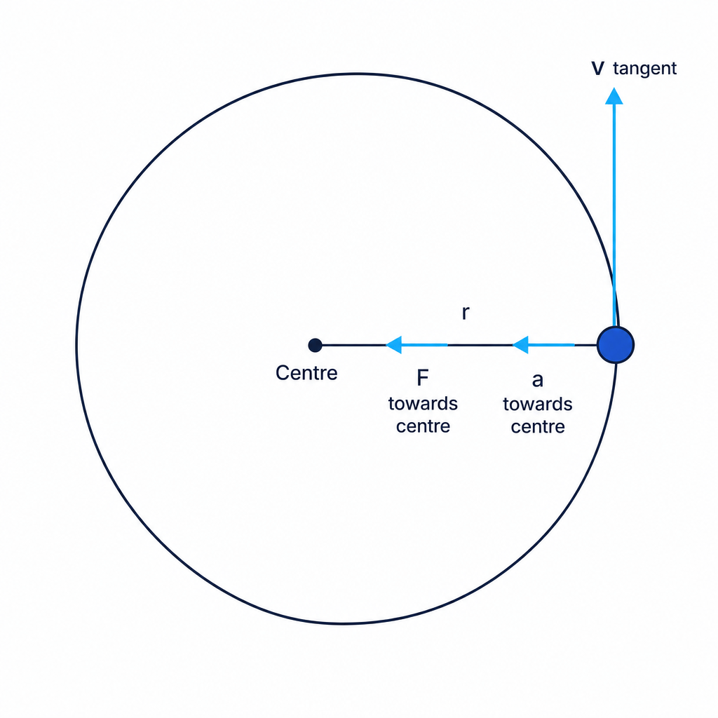Particle on a circular path with tangential velocity and inward centripetal acceleration and force labelled