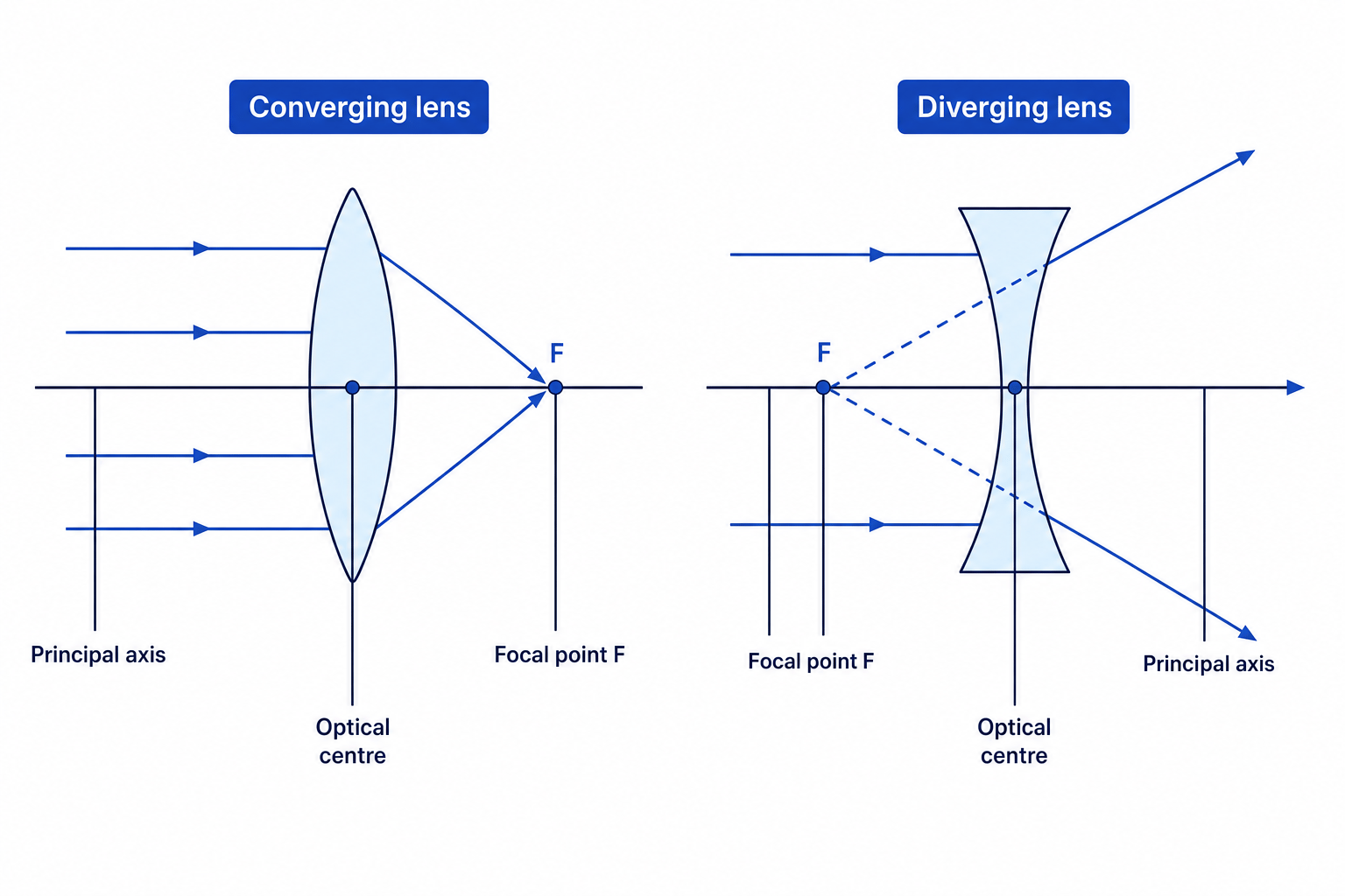 Comparison diagram of a converging lens focusing parallel rays and a diverging lens spreading parallel rays with focal points and optical centres labelled