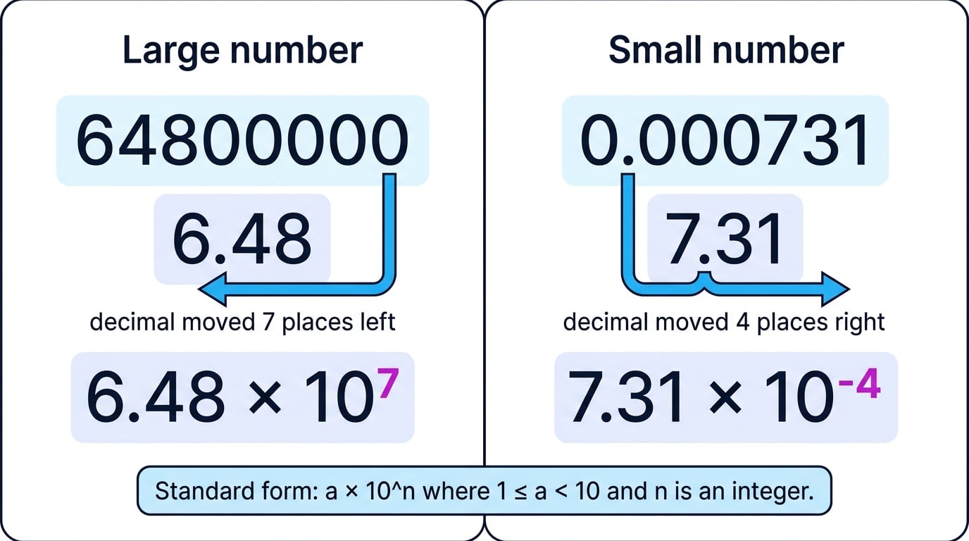 Worked diagram showing 64800000 changing to 6.48 times 10^7 and 0.000731 changing to 7.31 times 10^{-4}, with decimal moves labelled