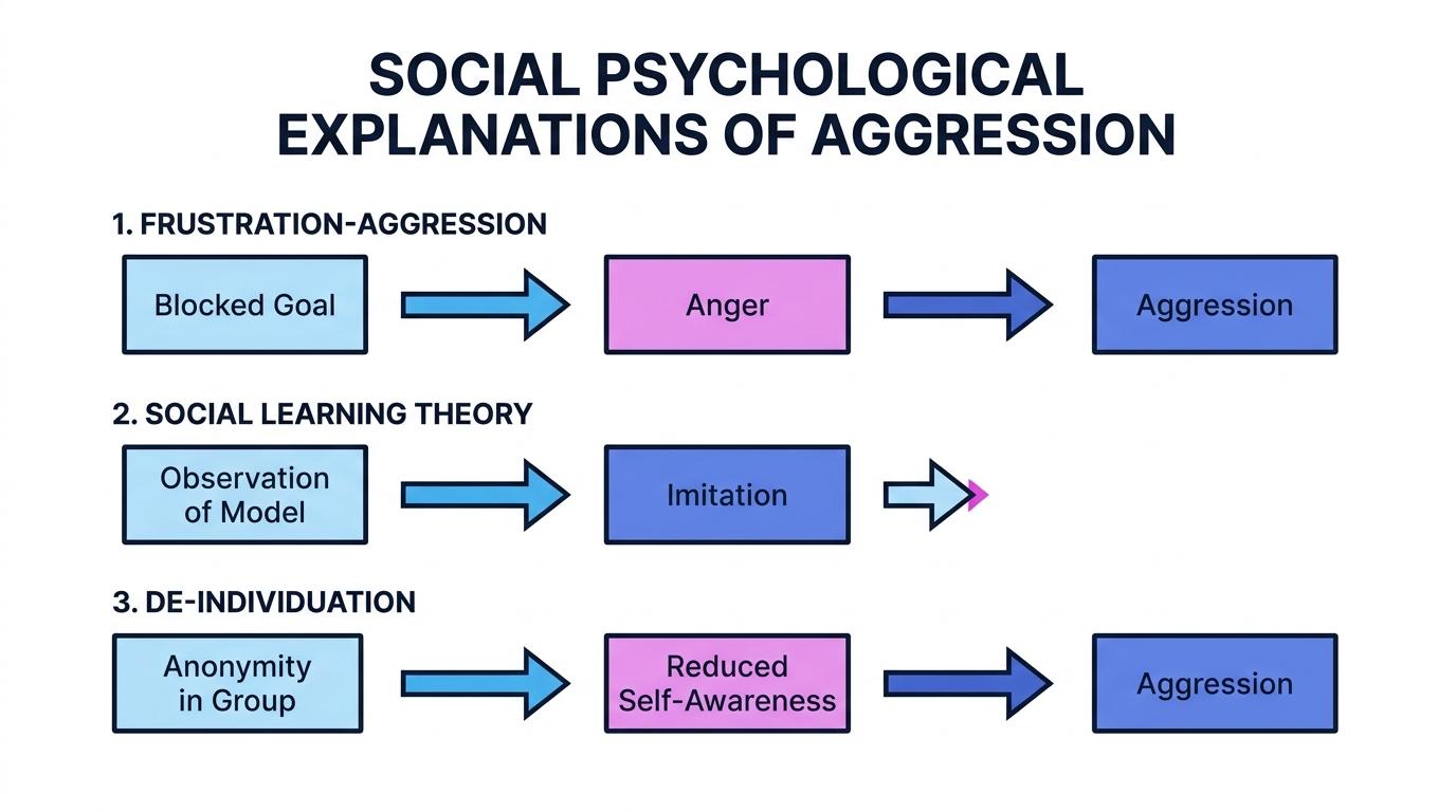 Flowchart comparing frustration-aggression, social learning theory, and de-individuation
