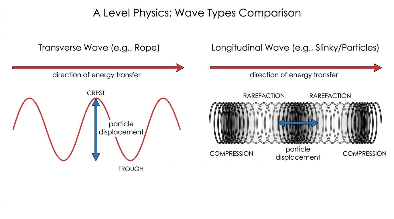 Comparison diagram showing a transverse wave with perpendicular displacement and a longitudinal wave with compressions, rarefactions, and parallel displacement