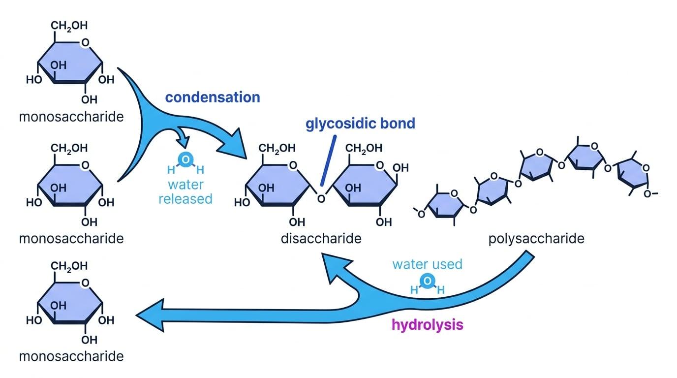 Flow diagram showing glucose monosaccharides joining by condensation to form a disaccharide and polysaccharide, and hydrolysis using water to break glycosidic bonds