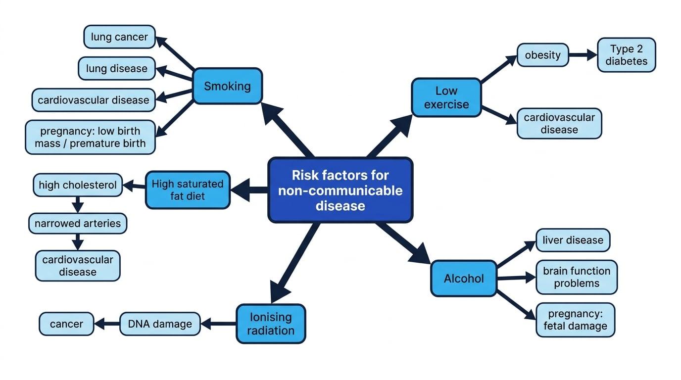 Concept map showing smoking, high saturated fat diet, low exercise, alcohol, and ionising radiation linked to different non-communicable diseases