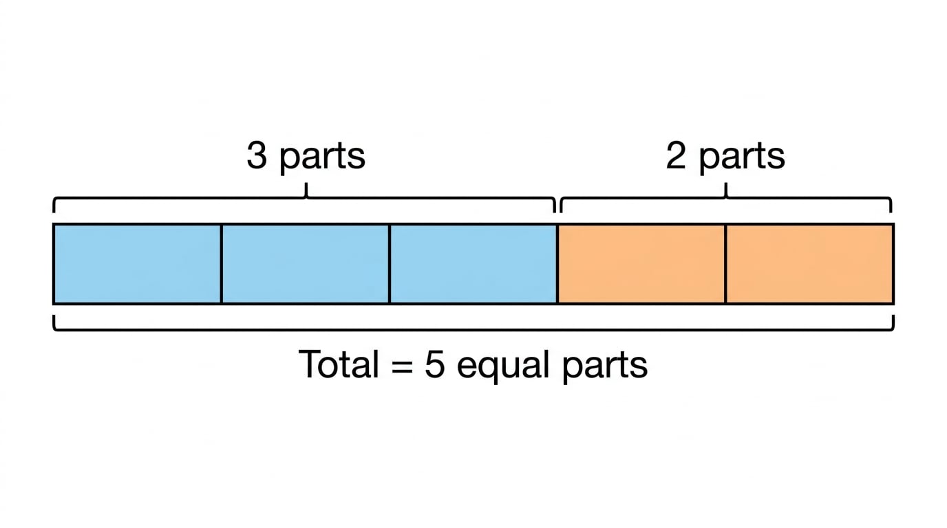 Ratio bar model with one bar split into 5 equal boxes, 3 boxes for one share and 2 boxes for the other, labelled total 5 equal parts