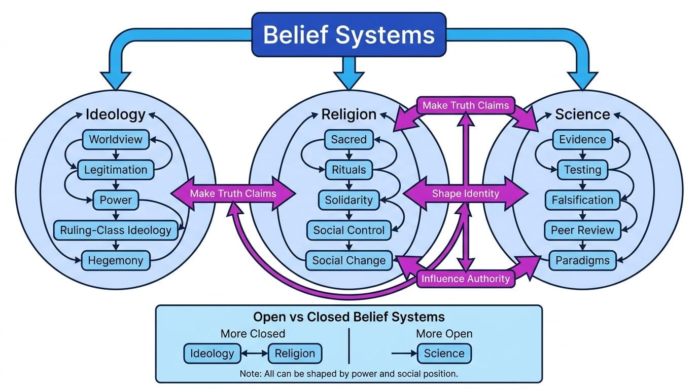 Comparison map of ideology, religion and science as belief systems, showing their overlaps and how science is often treated as more open than religion and ideology