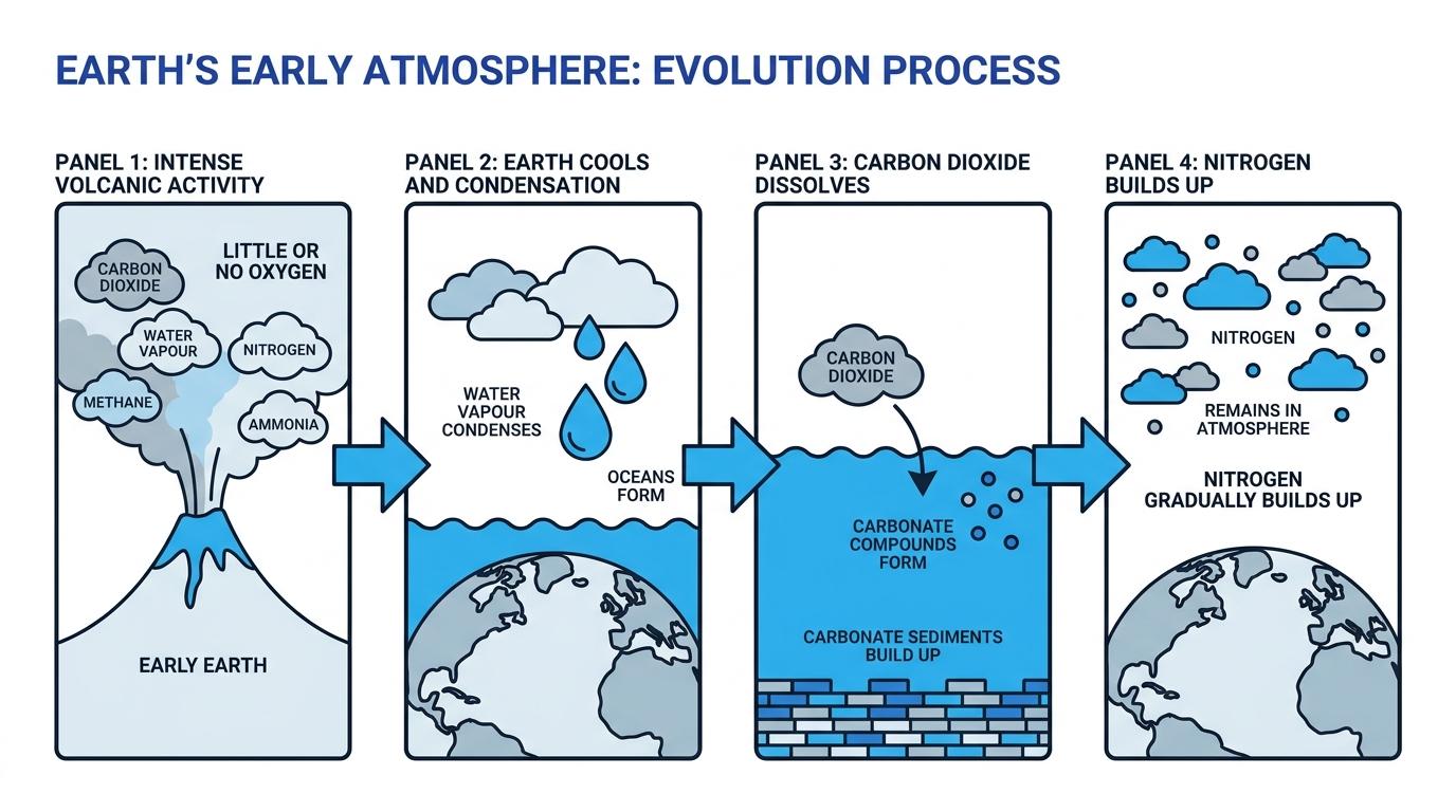 Flowchart showing intense volcanic activity releasing gases, water vapour condensing into oceans, carbon dioxide dissolving to form carbonate sediments, and nitrogen building up