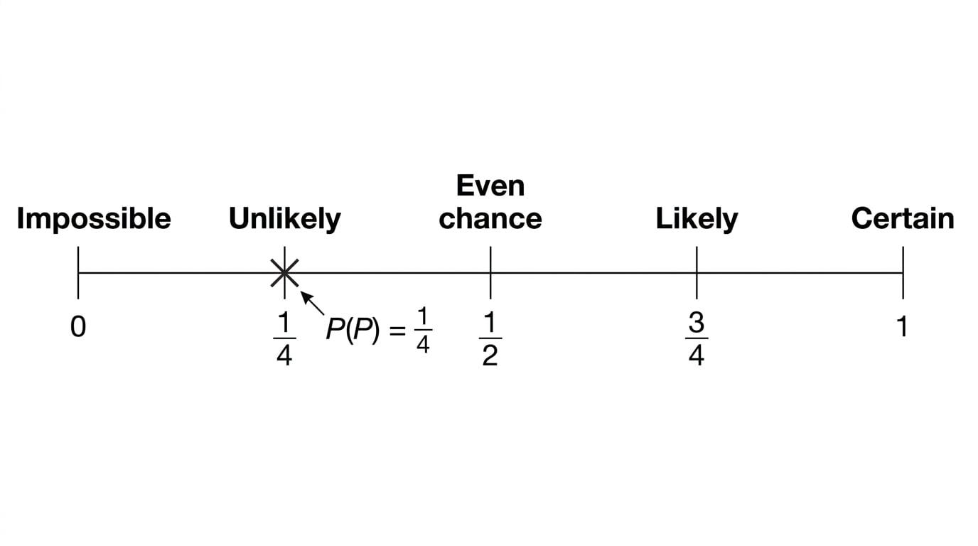 Probability scale from 0 to 1 labelled impossible, unlikely, even chance, likely and certain, with a cross at one quarter