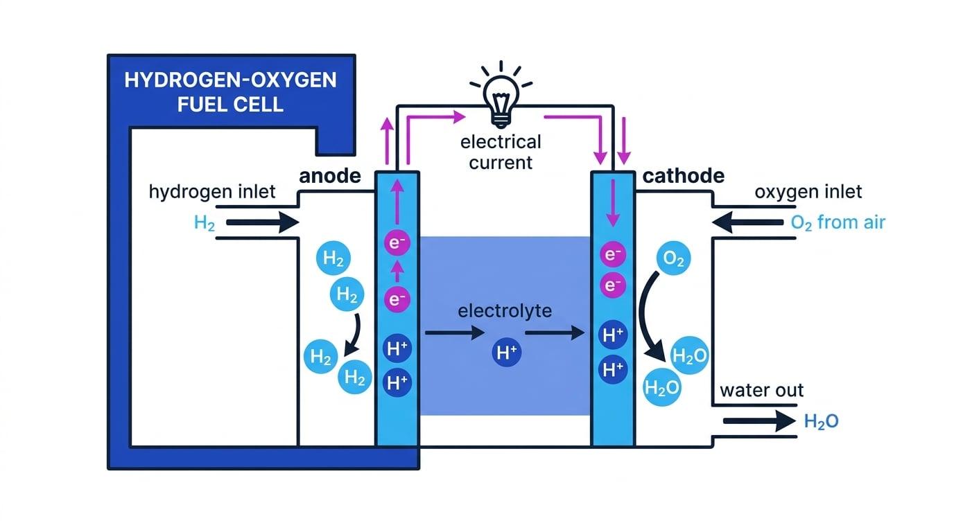 Cross-section of a hydrogen-oxygen fuel cell with hydrogen entering the anode, oxygen entering the cathode, ions crossing the electrolyte, electrons flowing through an external circuit, and water leaving the cell