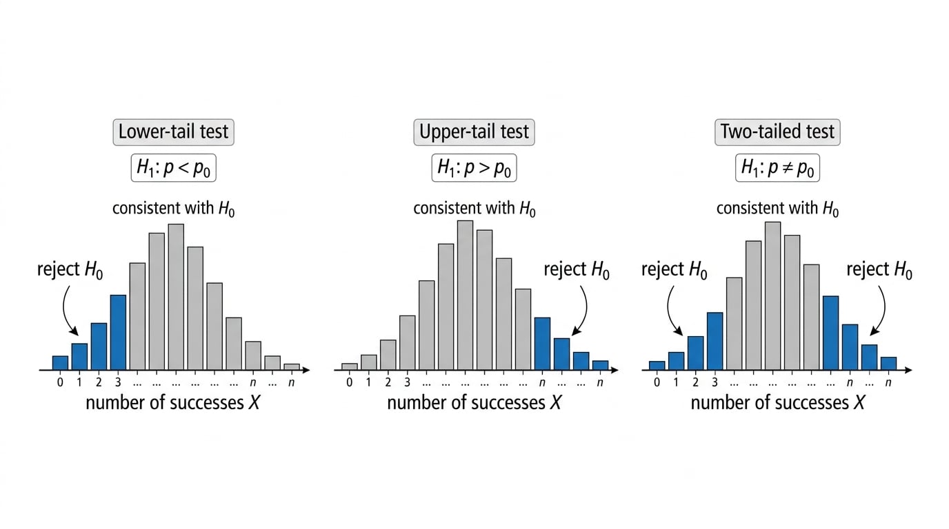 Three discrete binomial bar charts showing lower-tail, upper-tail, and two-tailed tests with rejection regions shaded in the tails.