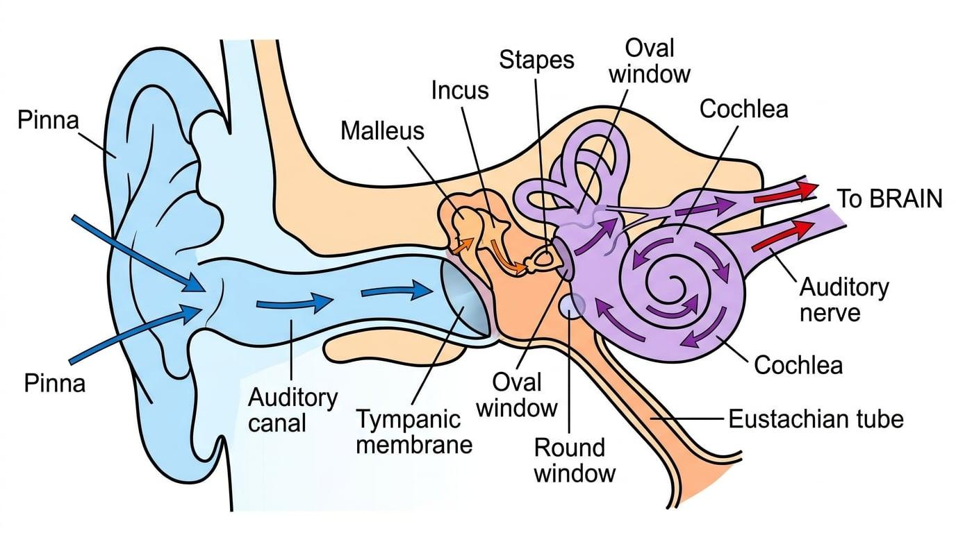 Cross-section of the human ear with outer, middle, and inner ear structures labelled and arrows showing the path of sound