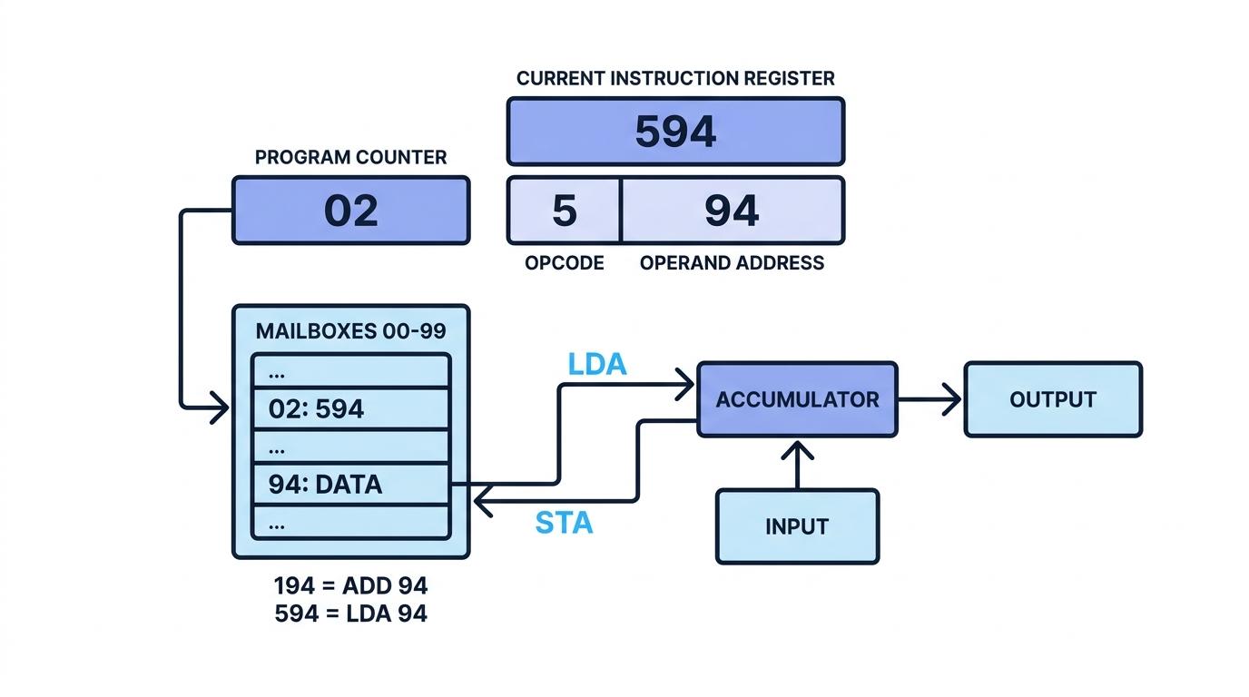Labelled Little Man Computer schematic showing the program counter pointing to mailbox 02, instruction 594 split into opcode 5 and operand address 94, and arrows linking memory, accumulator, input, and output